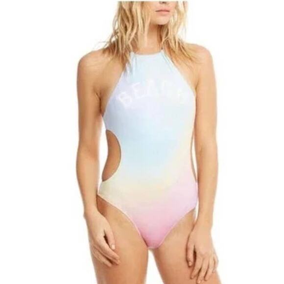 Chaser Pastel Ombre Rainbow Beach Bum One-Piece Cutout Swimsuit - M - Picture 1 of 5
